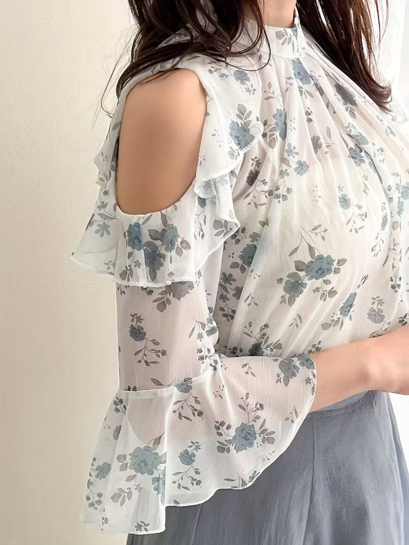 Floral Cold Shoulder Flounce Sleeve Chiffon Top