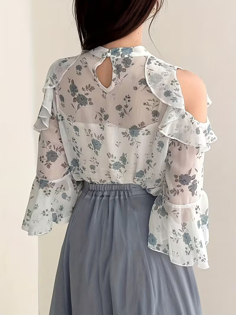 Floral Cold Shoulder Flounce Sleeve Chiffon Top