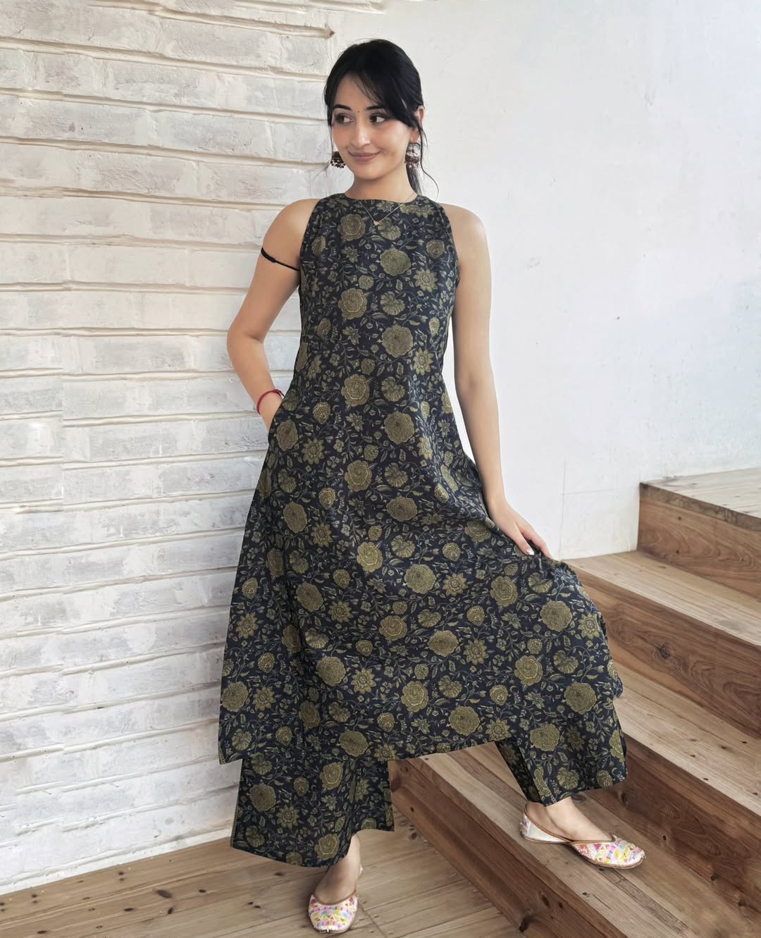 Beautiful A line Nevi blue Gold Foil Print design  kurti  set