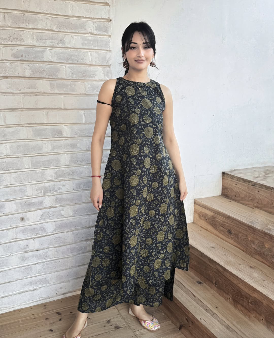 Beautiful A line Nevi blue Gold Foil Print design  kurti  set