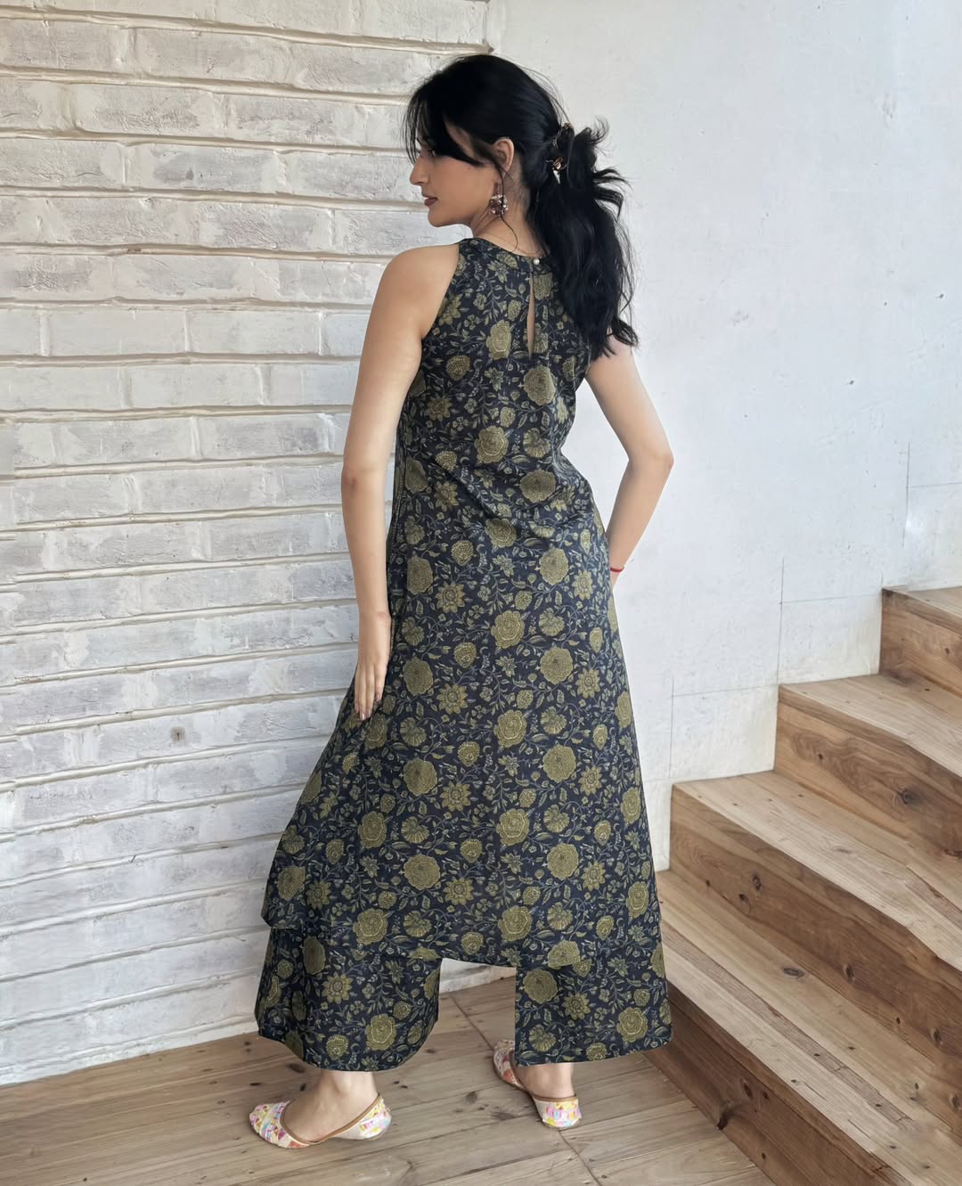 Beautiful A line Nevi blue Gold Foil Print design  kurti  set