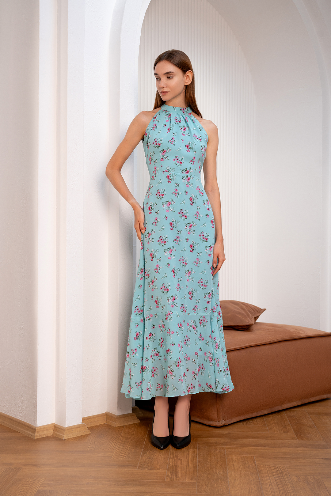 Aqua Floral Chiffon Printed Dress