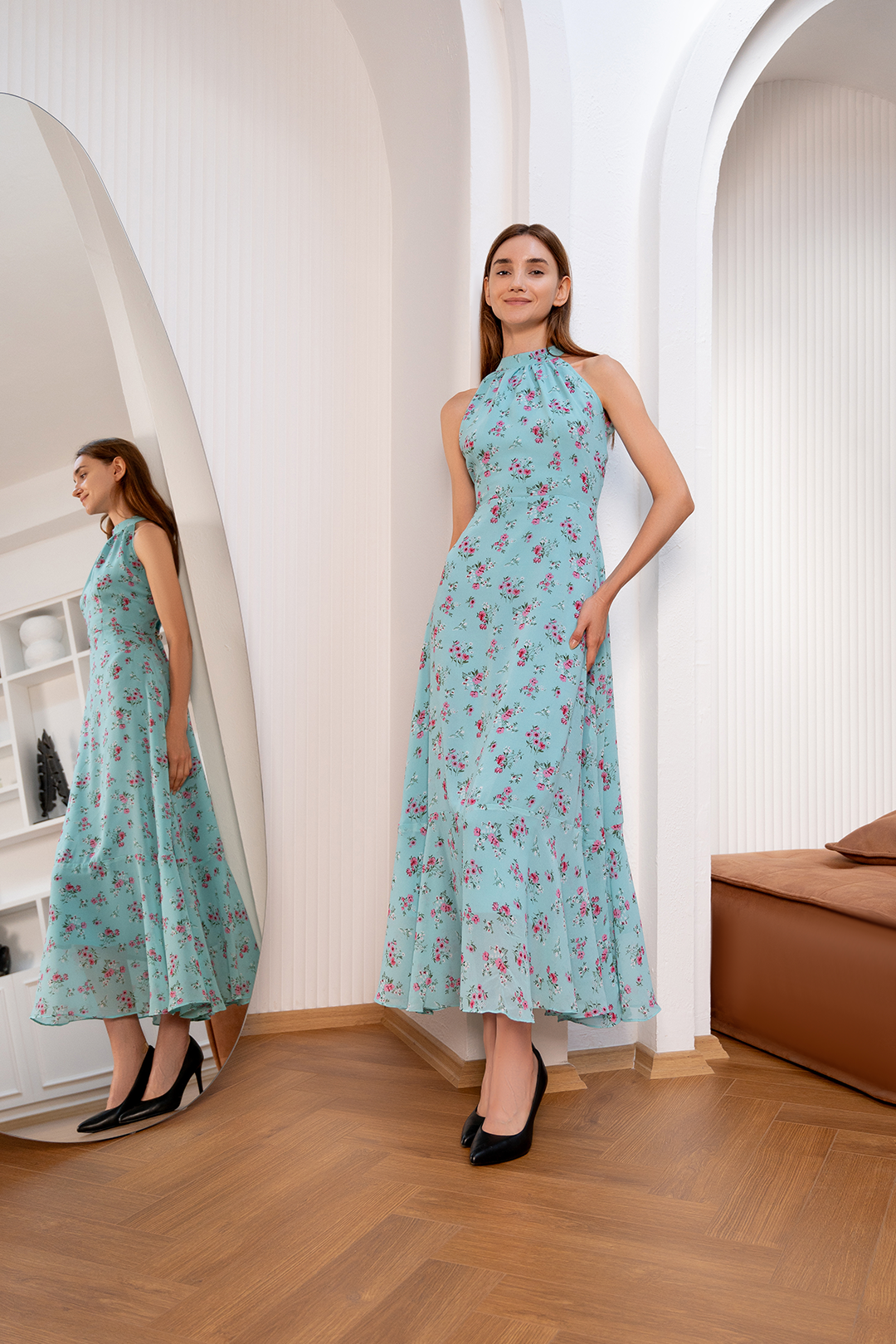 Aqua Floral Chiffon Printed Dress