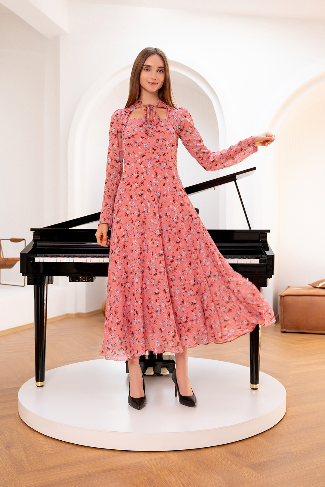 Pink Ocean Breeze Blossom Maxi Chiffon Printed Dress