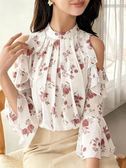 Floral Cold Shoulder Flounce Sleeve Chiffon Top