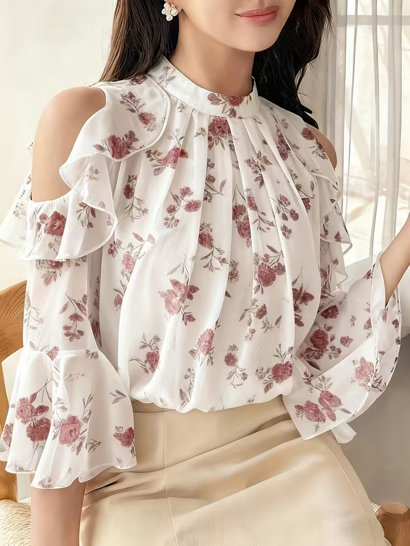 Floral Cold Shoulder Flounce Sleeve Chiffon Top