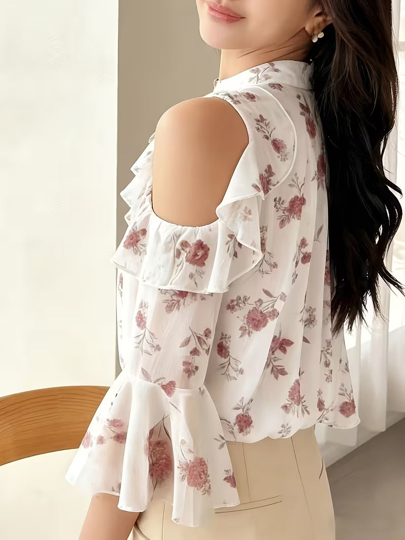 Floral Cold Shoulder Flounce Sleeve Chiffon Top
