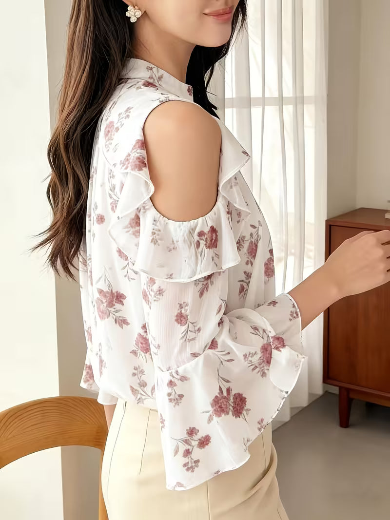 Floral Cold Shoulder Flounce Sleeve Chiffon Top