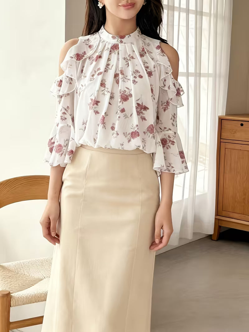 Floral Cold Shoulder Flounce Sleeve Chiffon Top