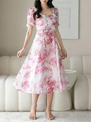 Vintage Toile Floral  Midi Dress with Ruffle Detail
