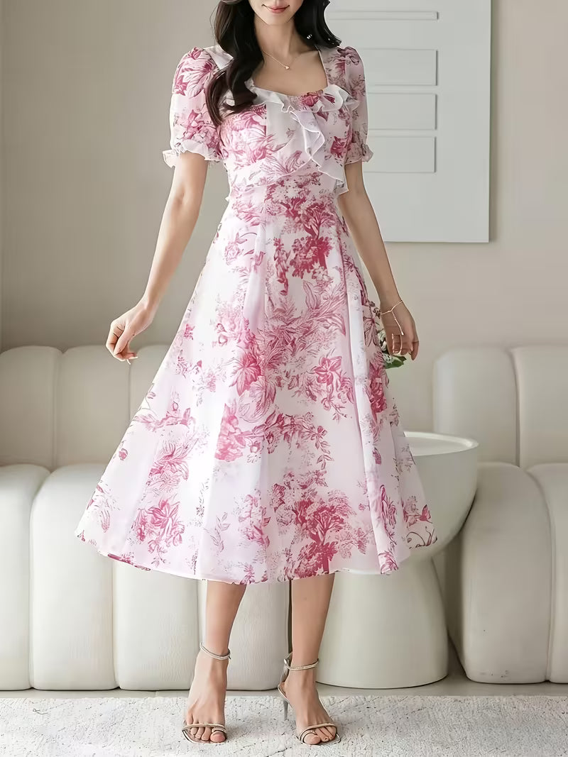 Vintage Toile Floral  Midi Dress with Ruffle Detail