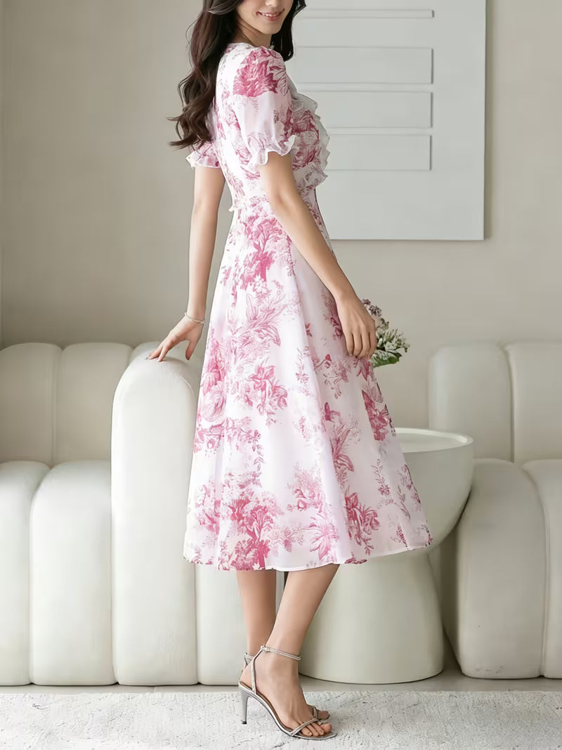 Vintage Toile Floral  Midi Dress with Ruffle Detail