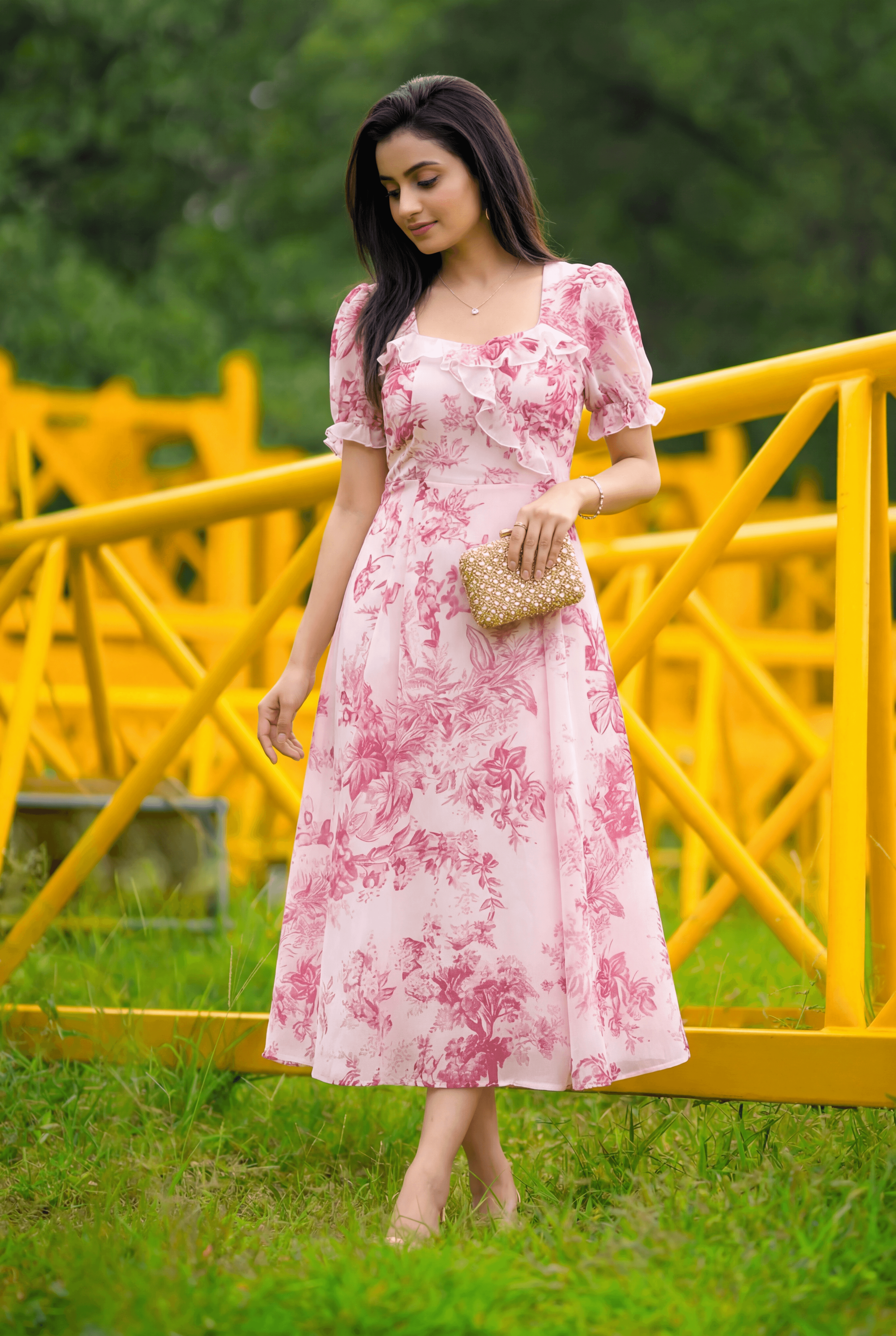Vintage Toile Floral  Midi Dress with Ruffle Detail