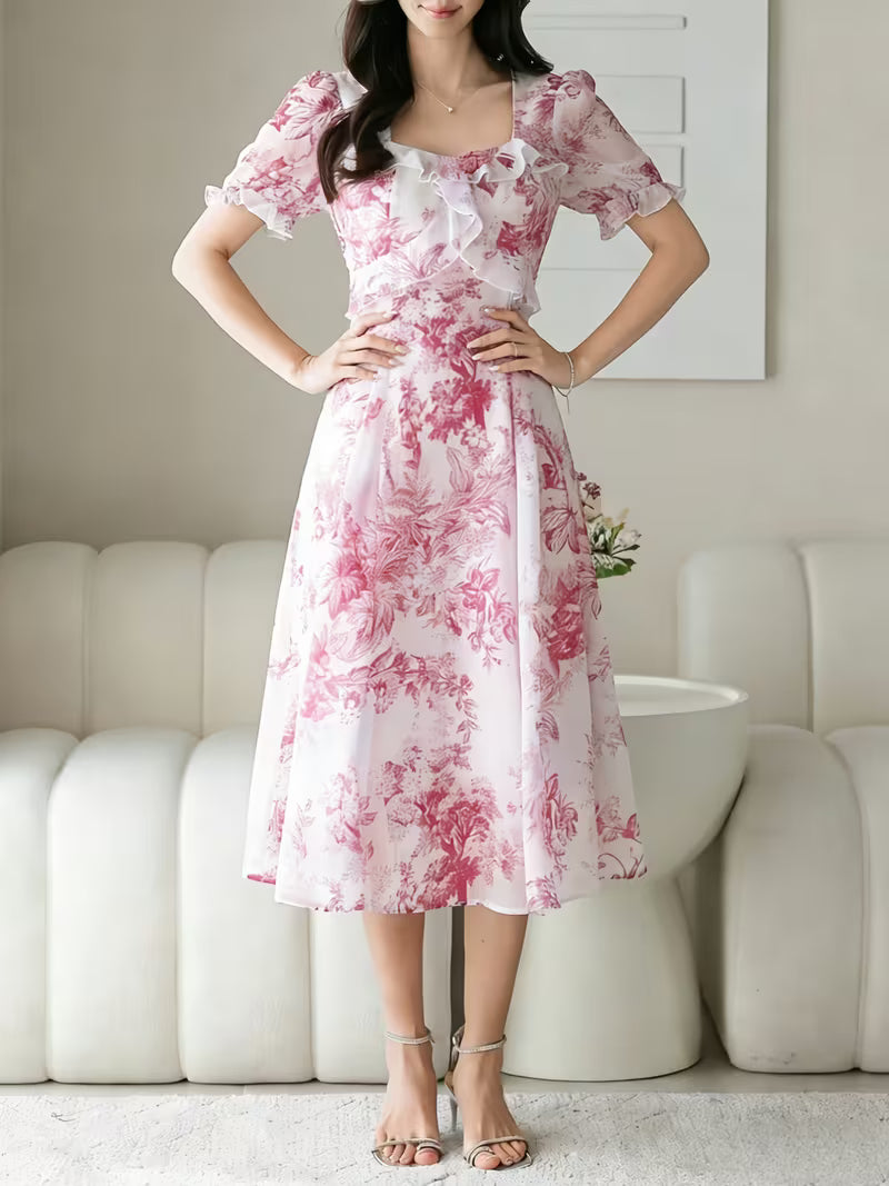 Vintage Toile Floral  Midi Dress with Ruffle Detail