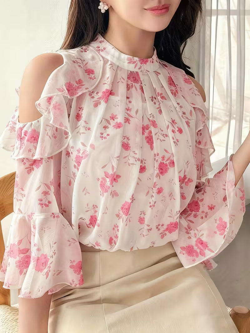Floral Cold Shoulder Flounce Sleeve Chiffon Top