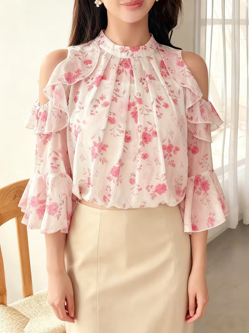 Floral Cold Shoulder Flounce Sleeve Chiffon Top