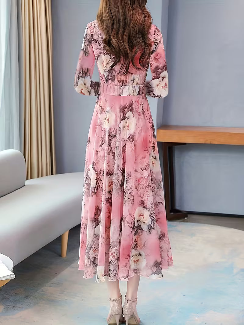 Mist Bloom Watercolor Floral Print  Midi Dress