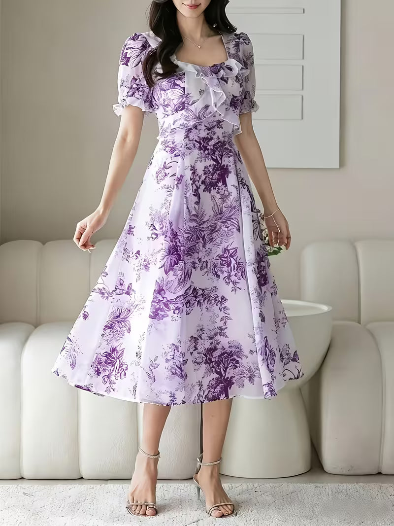 Vintage Toile Floral  Midi Dress with Ruffle Detail