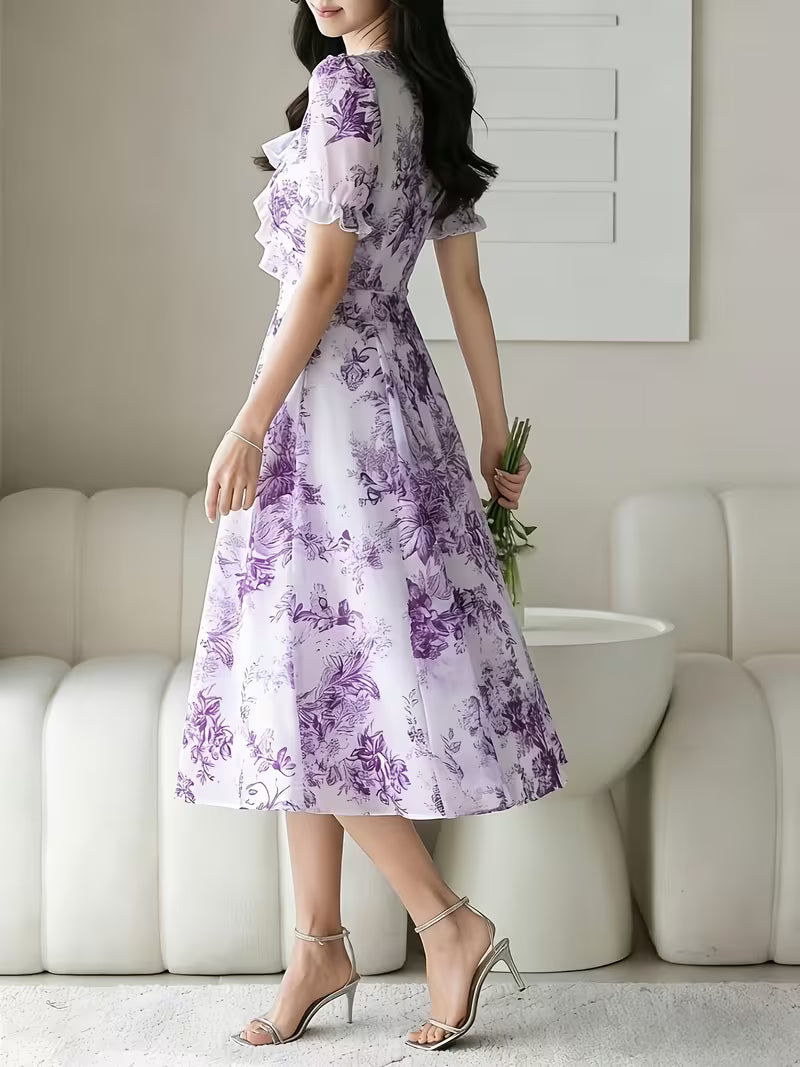 Vintage Toile Floral  Midi Dress with Ruffle Detail