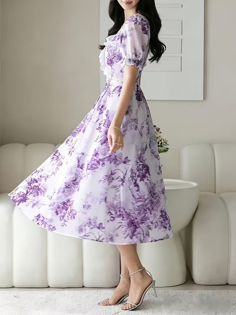 Vintage Toile Floral  Midi Dress with Ruffle Detail
