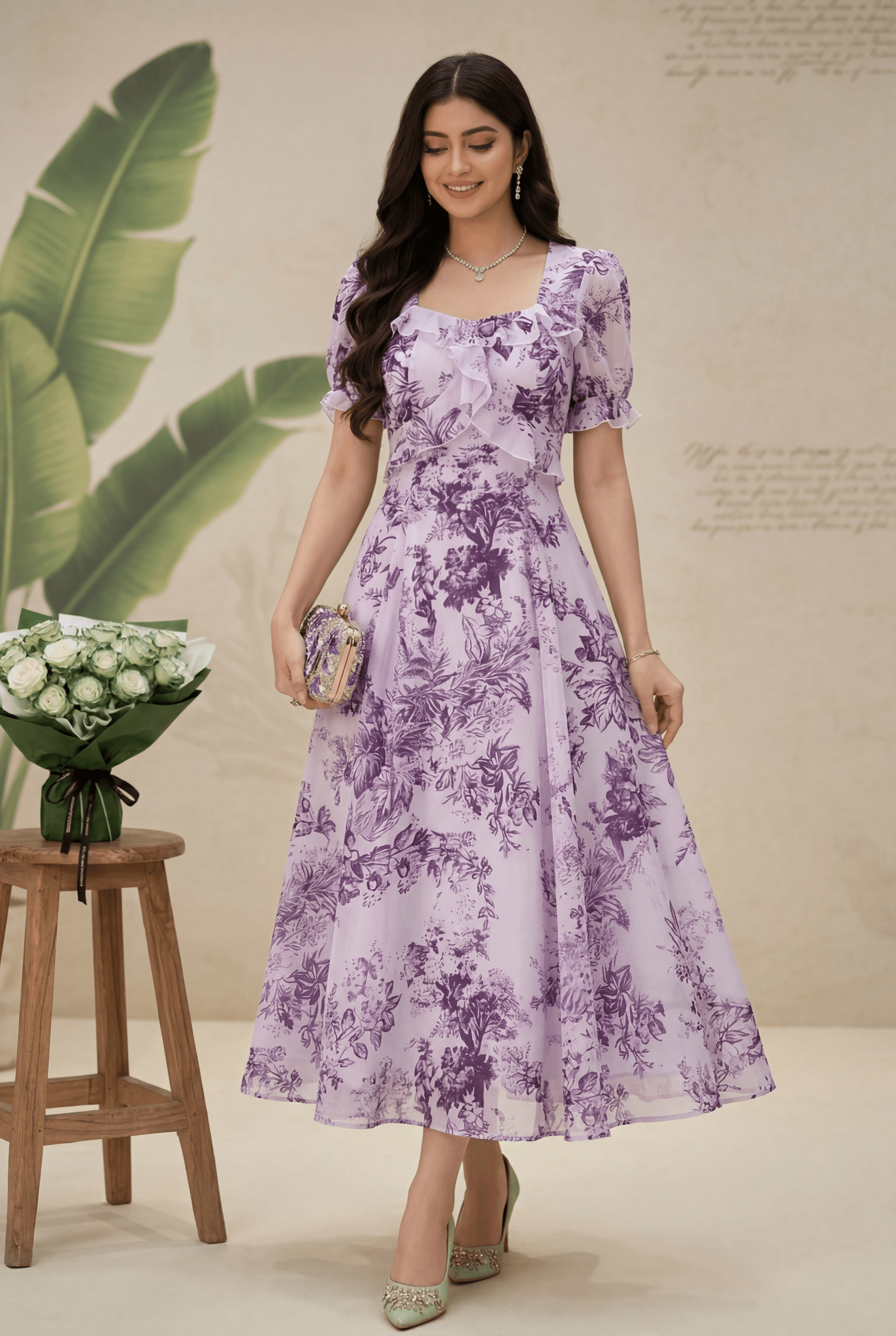 Vintage Toile Floral  Midi Dress with Ruffle Detail