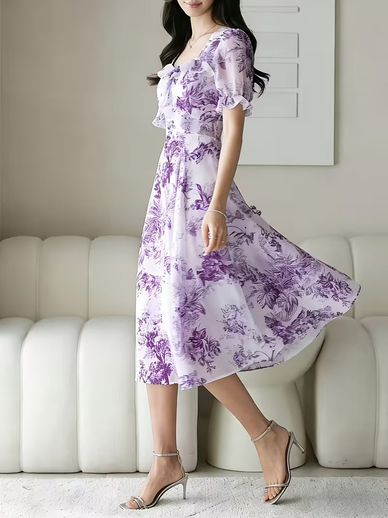 Vintage Toile Floral  Midi Dress with Ruffle Detail