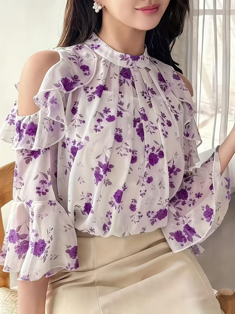 Floral Cold Shoulder Flounce Sleeve Chiffon Top