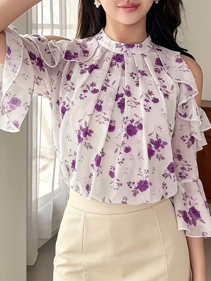 Floral Cold Shoulder Flounce Sleeve Chiffon Top
