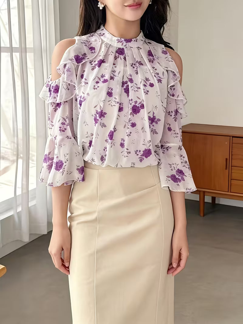 Floral Cold Shoulder Flounce Sleeve Chiffon Top
