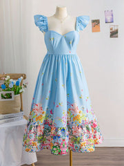 Sky Bloom Vintage Floral Midi Dress