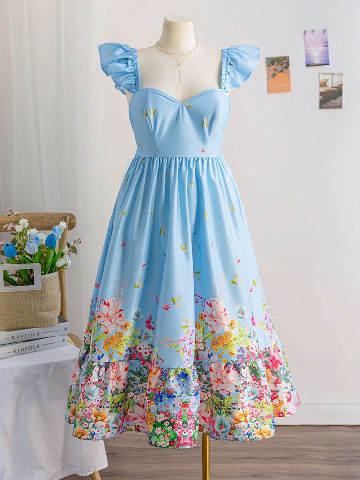 Sky Bloom Vintage Floral Midi Dress