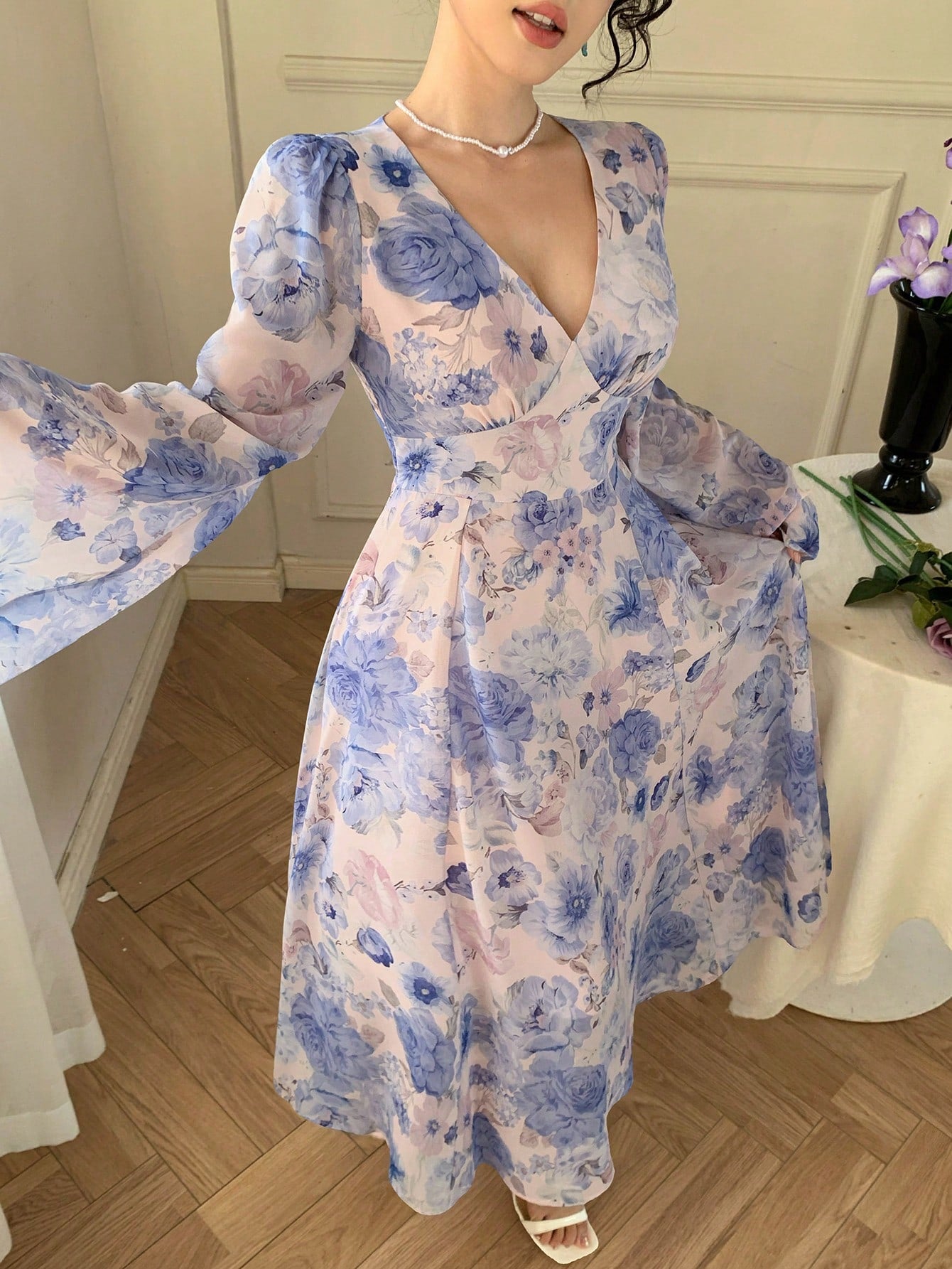 Blue Floral Printed Maxi Dress with Elegant Bell Sleeves