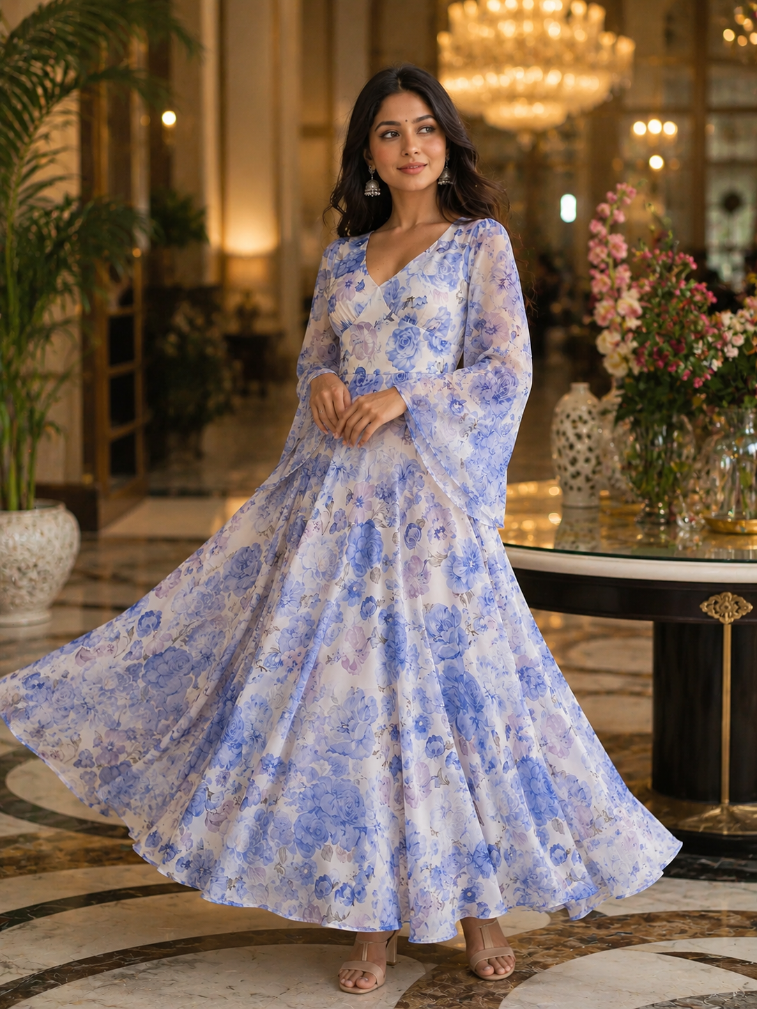 Blue Floral Printed Maxi Dress with Elegant Bell Sleeves