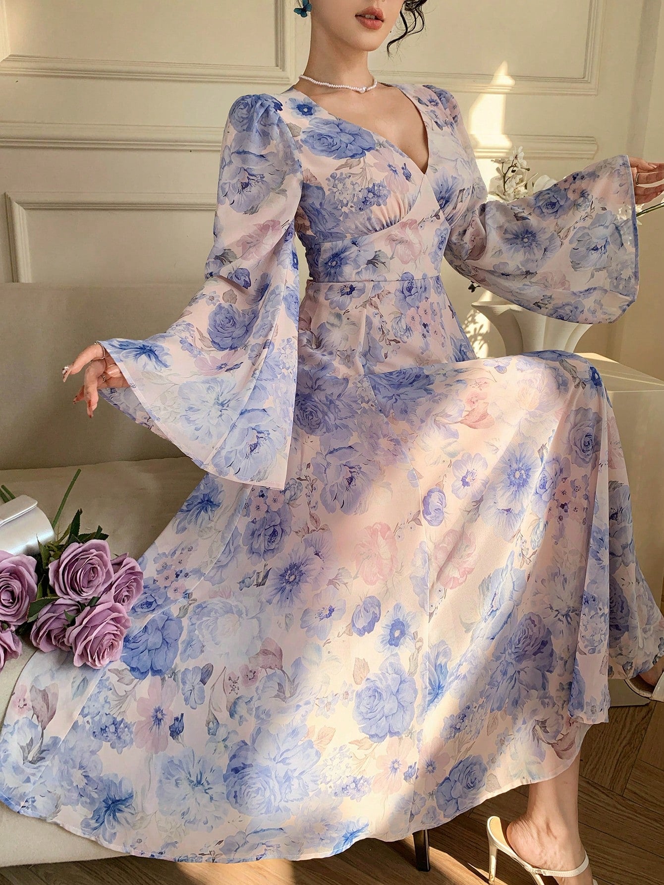 Blue Floral Printed Maxi Dress with Elegant Bell Sleeves