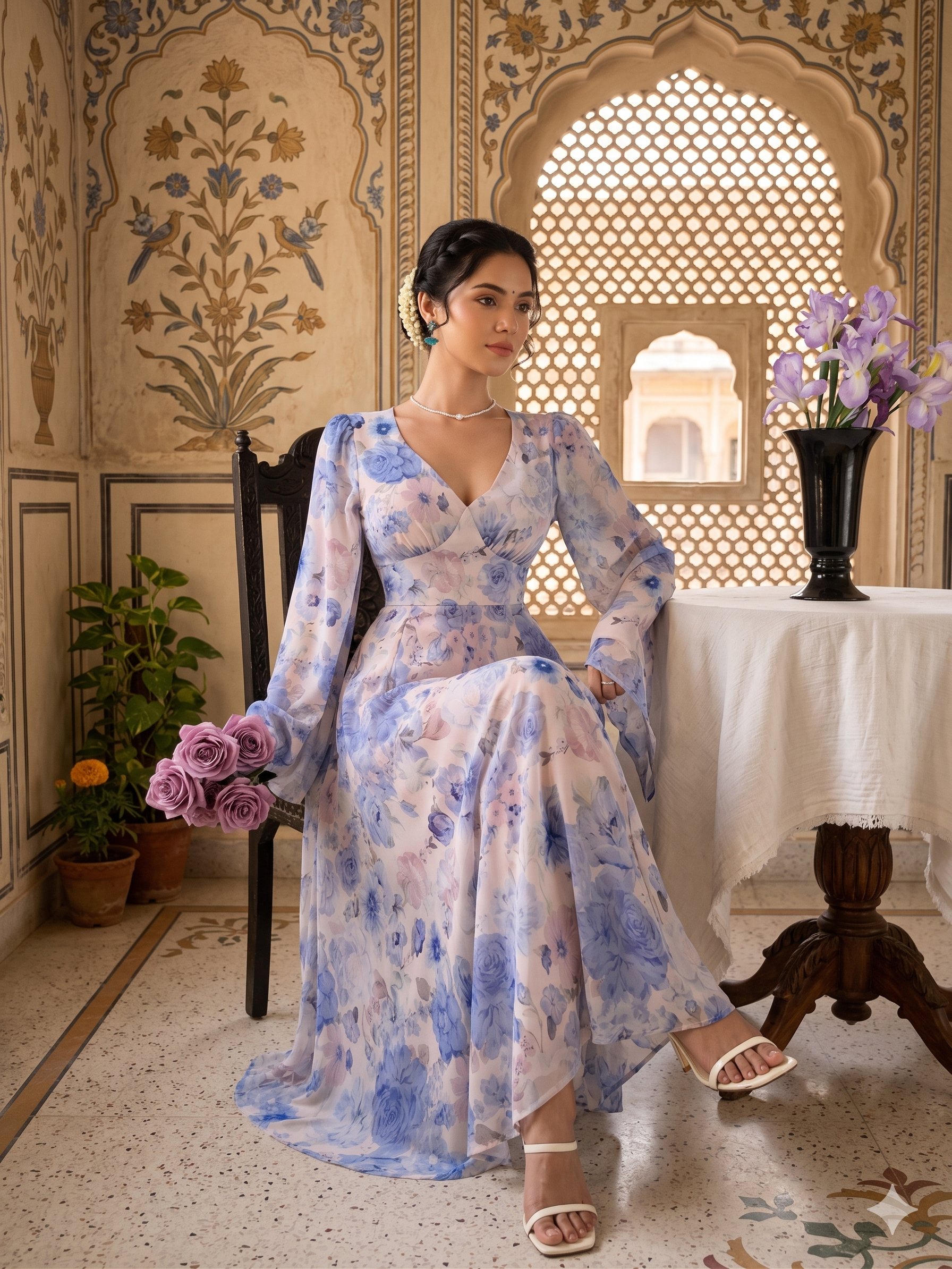 Blue Floral Printed Maxi Dress with Elegant Bell Sleeves