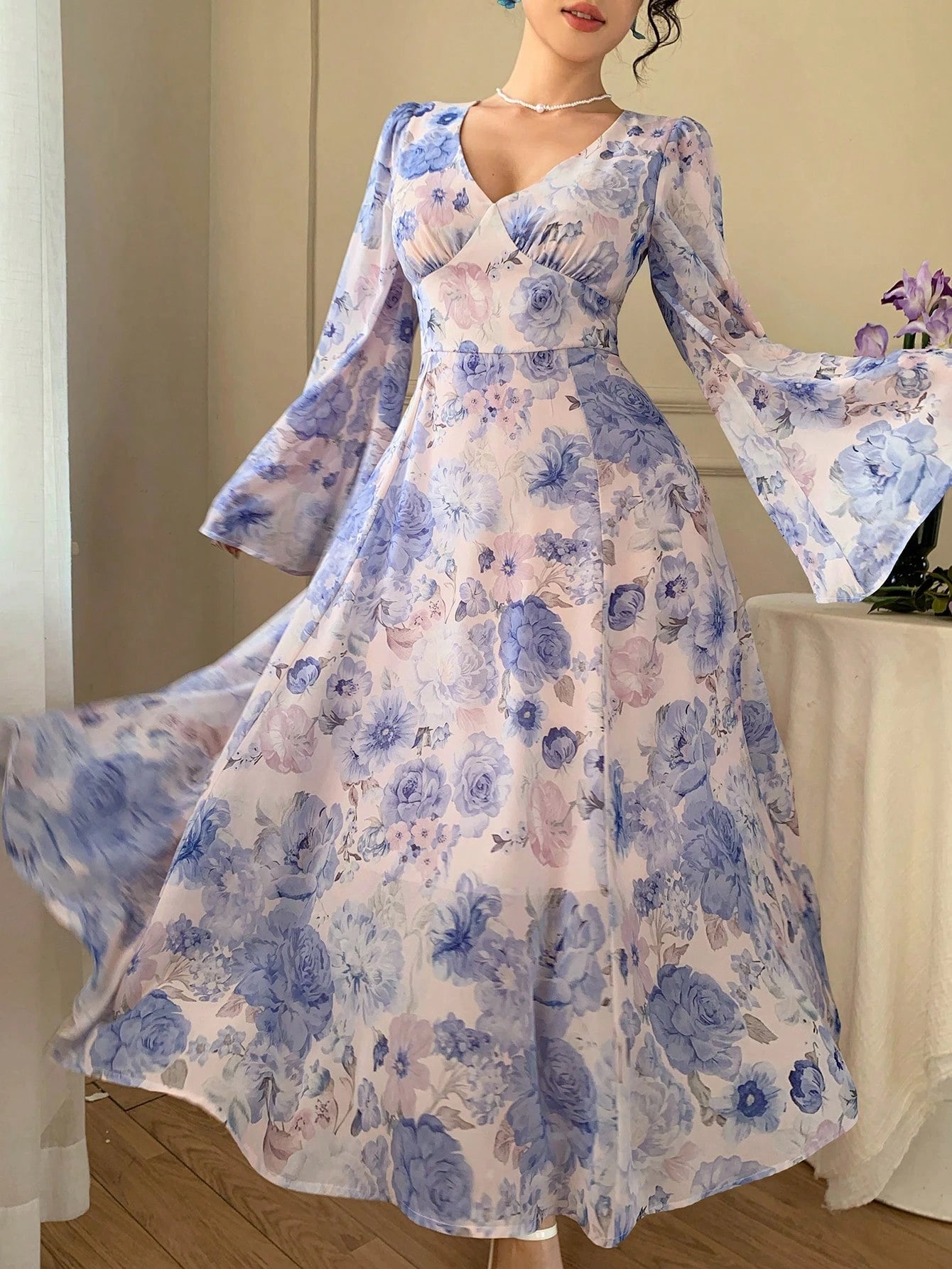 Blue Floral Printed Maxi Dress with Elegant Bell Sleeves