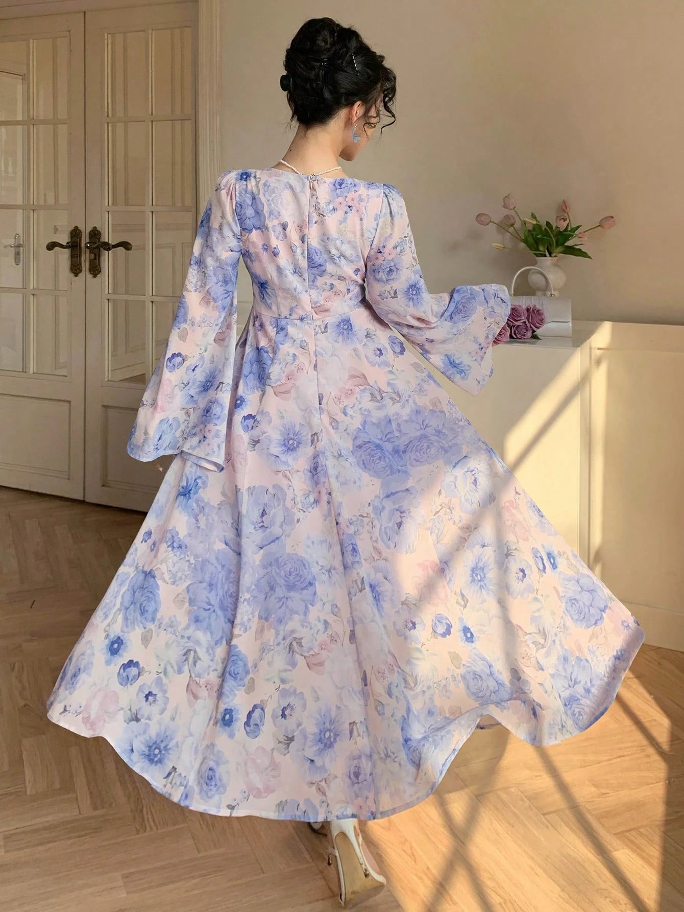Blue Floral Printed Maxi Dress with Elegant Bell Sleeves