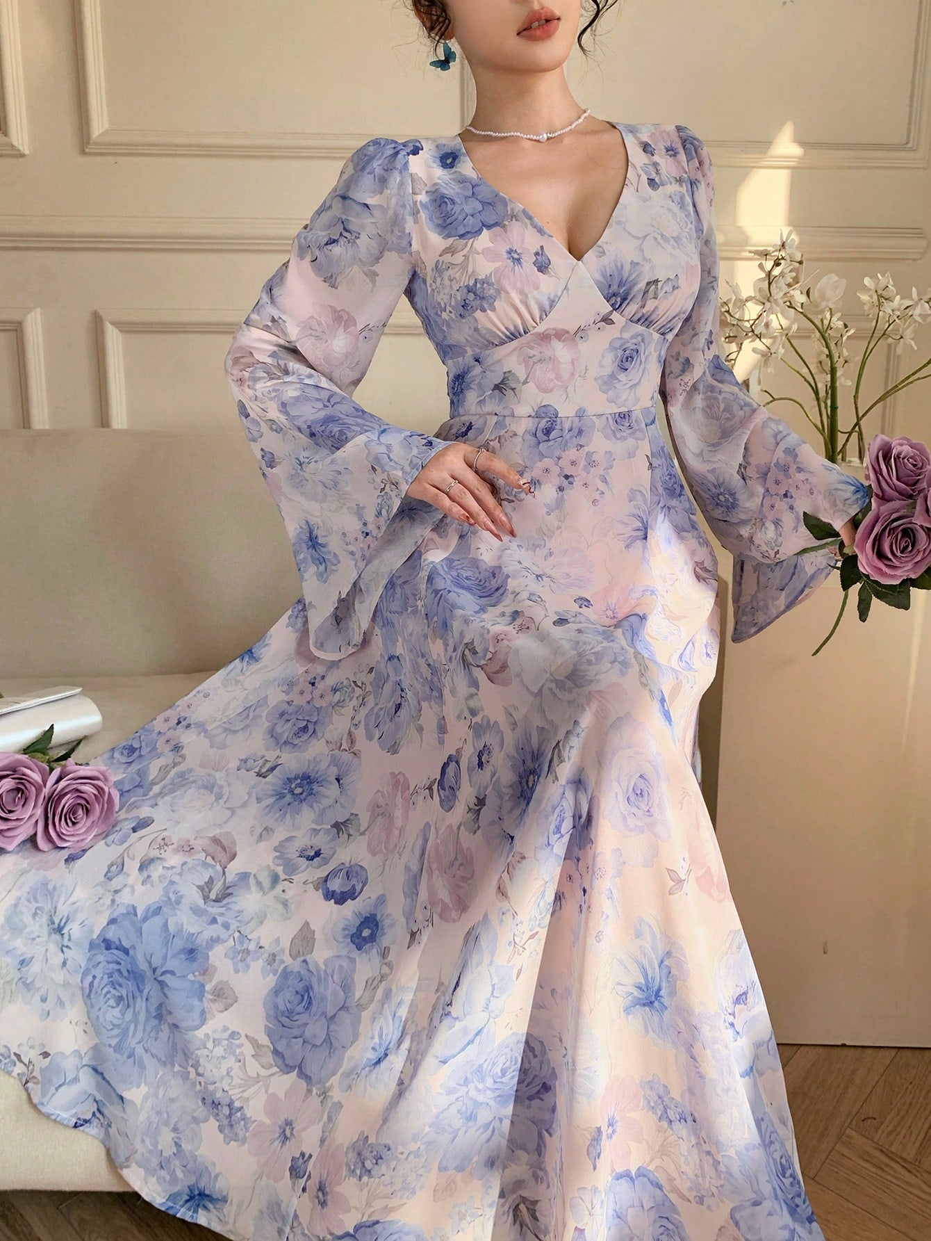Blue Floral Printed Maxi Dress with Elegant Bell Sleeves