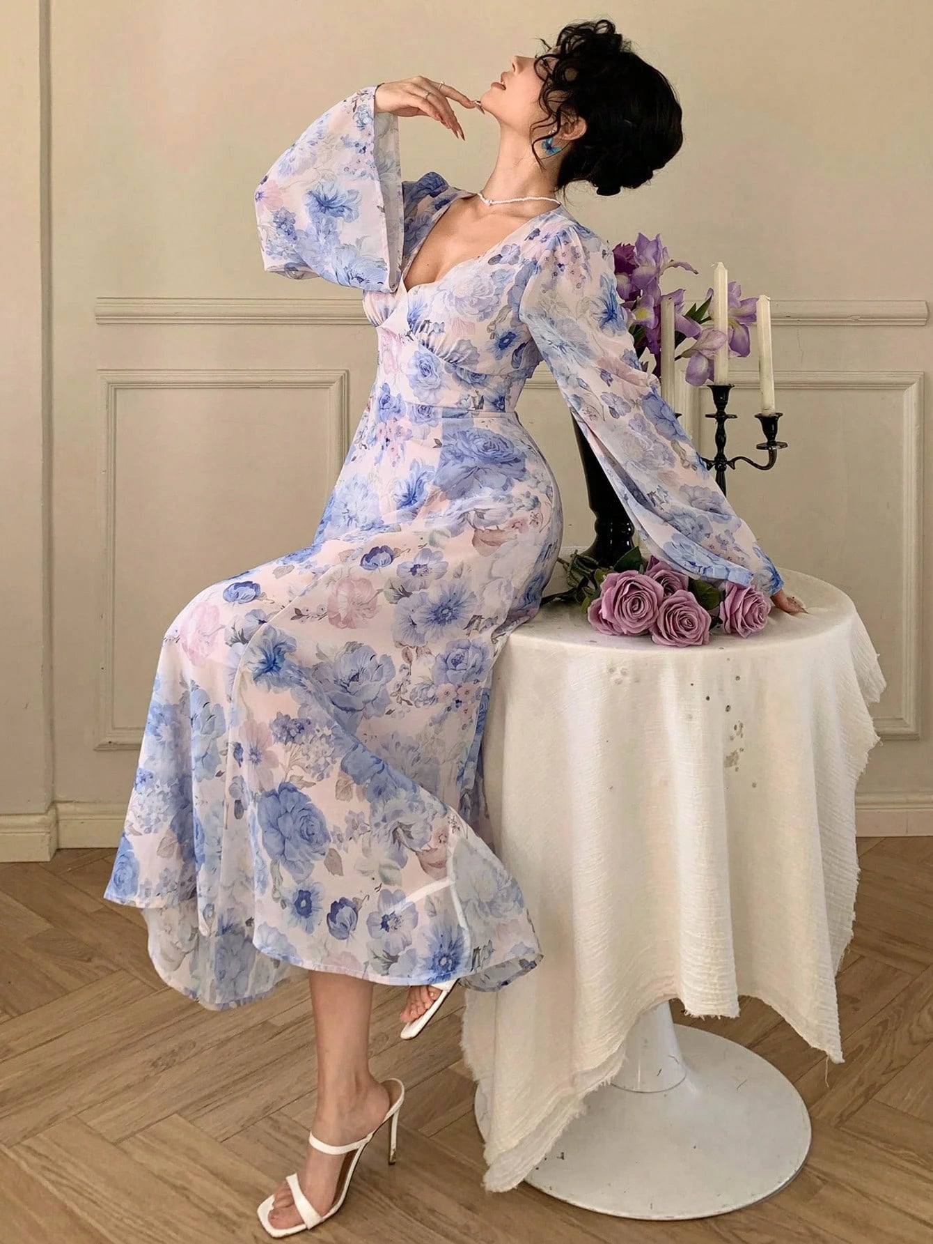 Blue Floral Printed Maxi Dress with Elegant Bell Sleeves