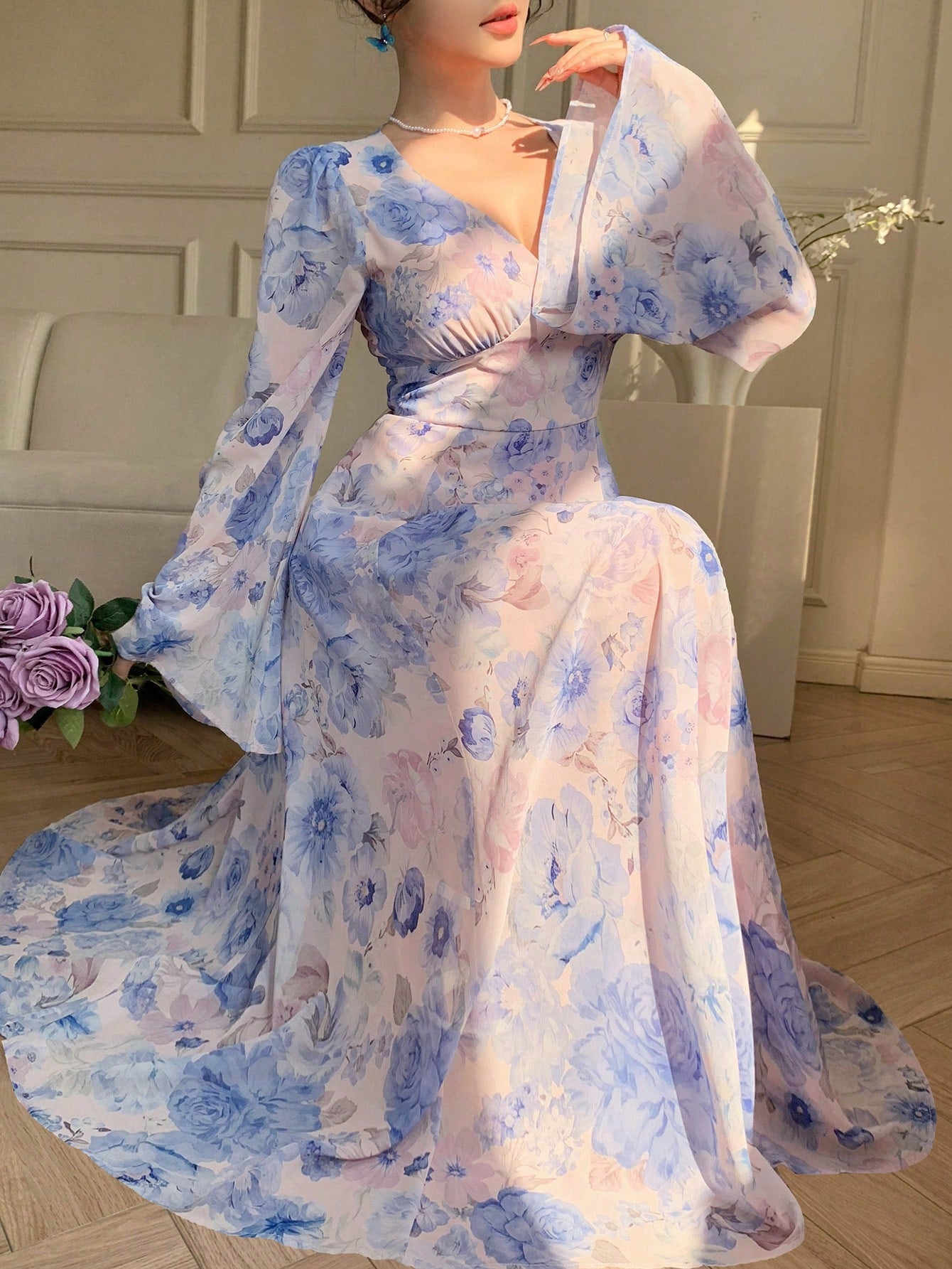 Blue Floral Printed Maxi Dress with Elegant Bell Sleeves