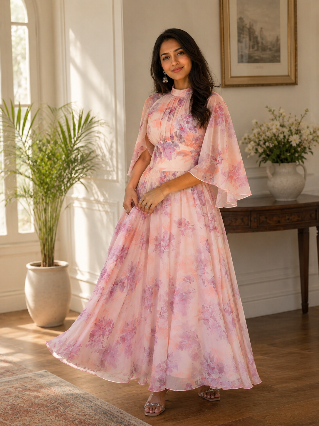 Light Pink Floral Long Dress with Elegant Flowy Design