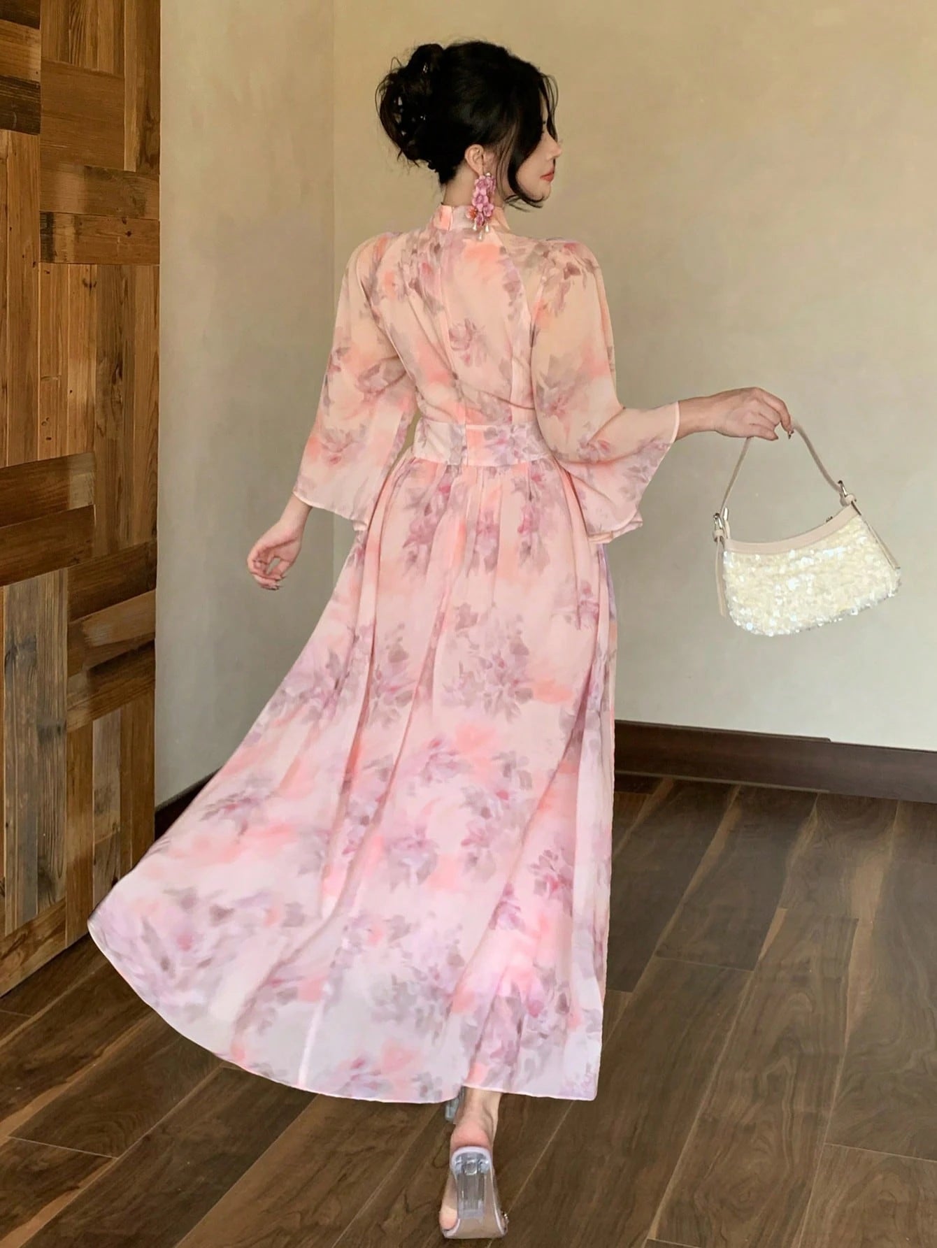 Light Pink Floral Long Dress with Elegant Flowy Design