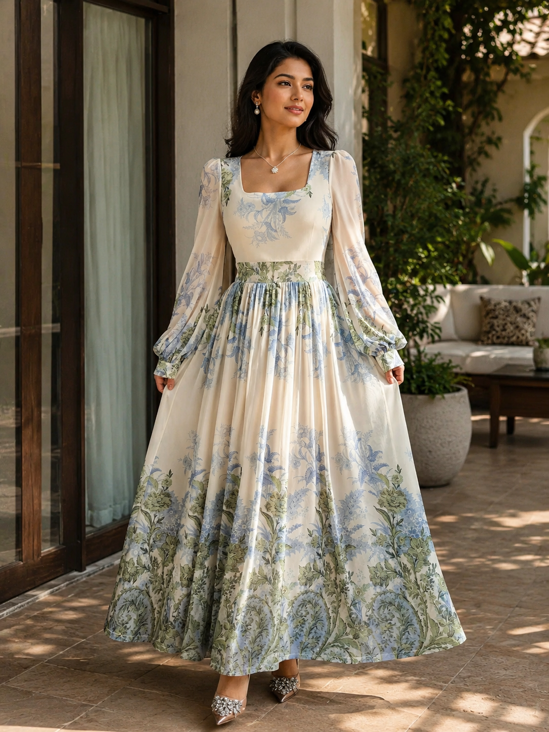 Cream Floral Printed Maxi Dress with Vintage Cottagecore Look