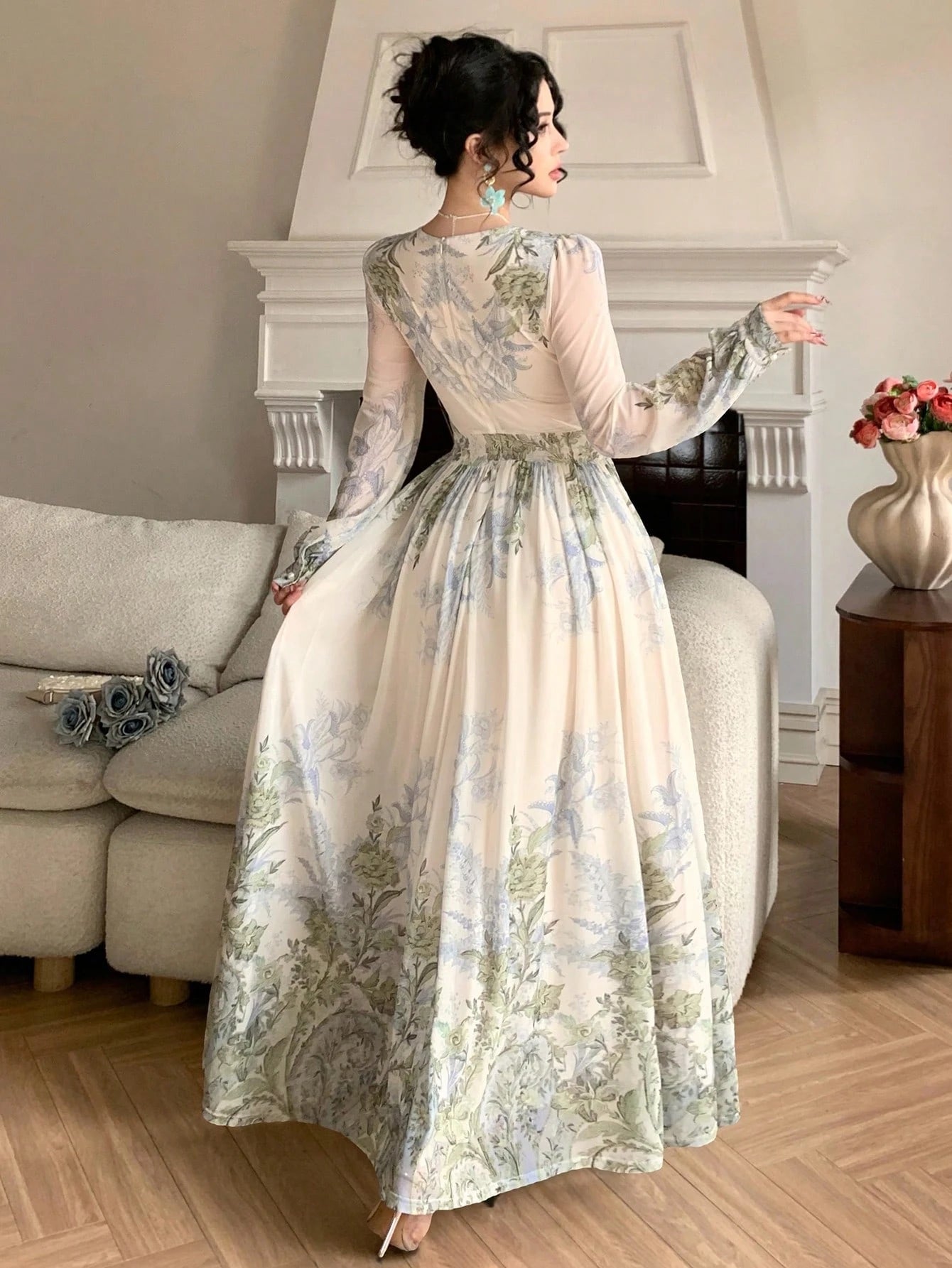 Cream Floral Printed Maxi Dress with Vintage Cottagecore Look