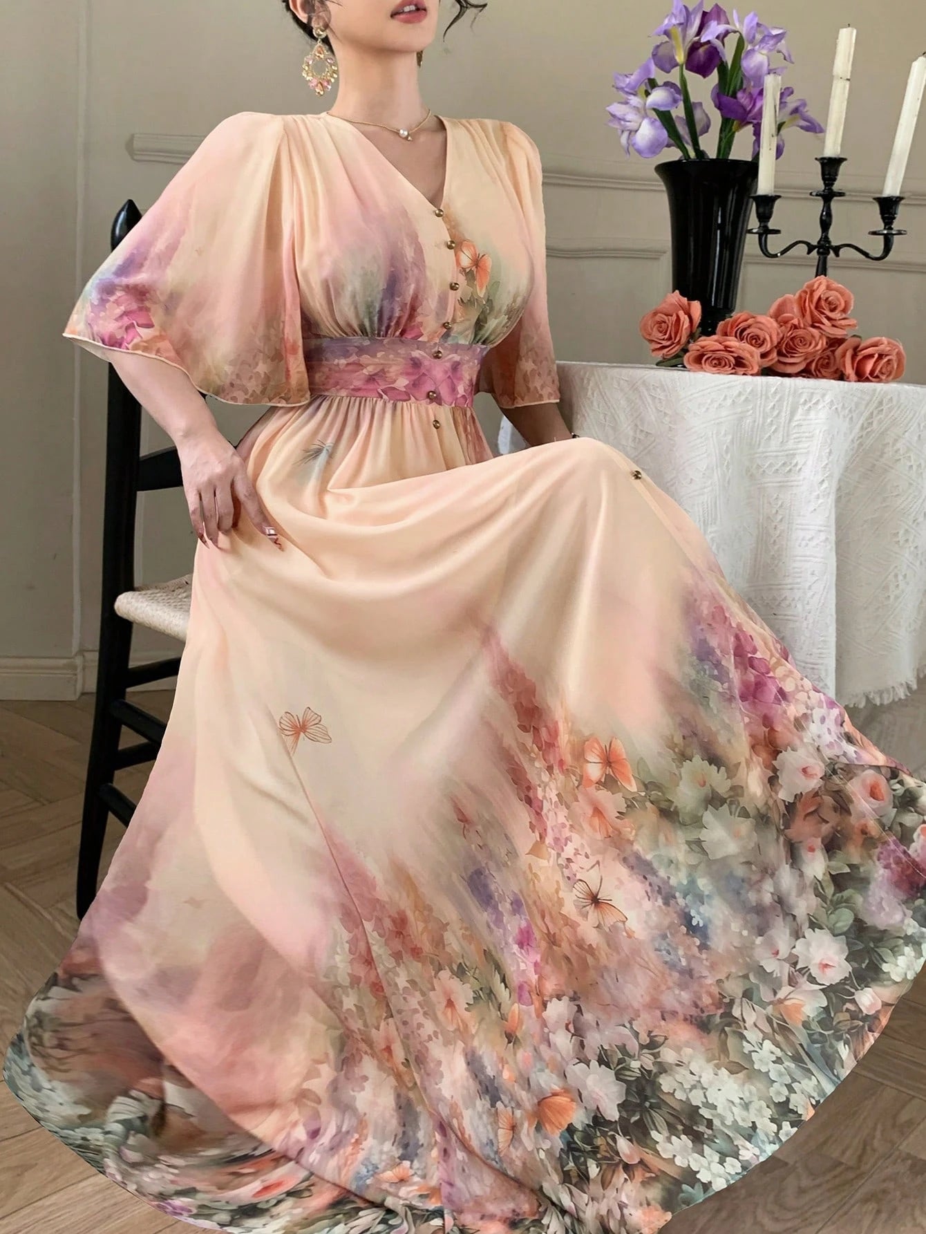 Peach Floral Ombre Maxi Dress with Boho Inspired Look