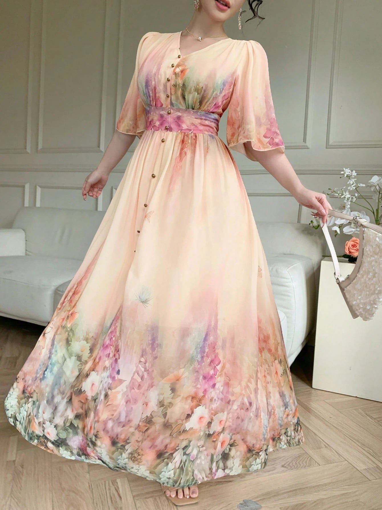 Peach Floral Ombre Maxi Dress with Boho Inspired Look