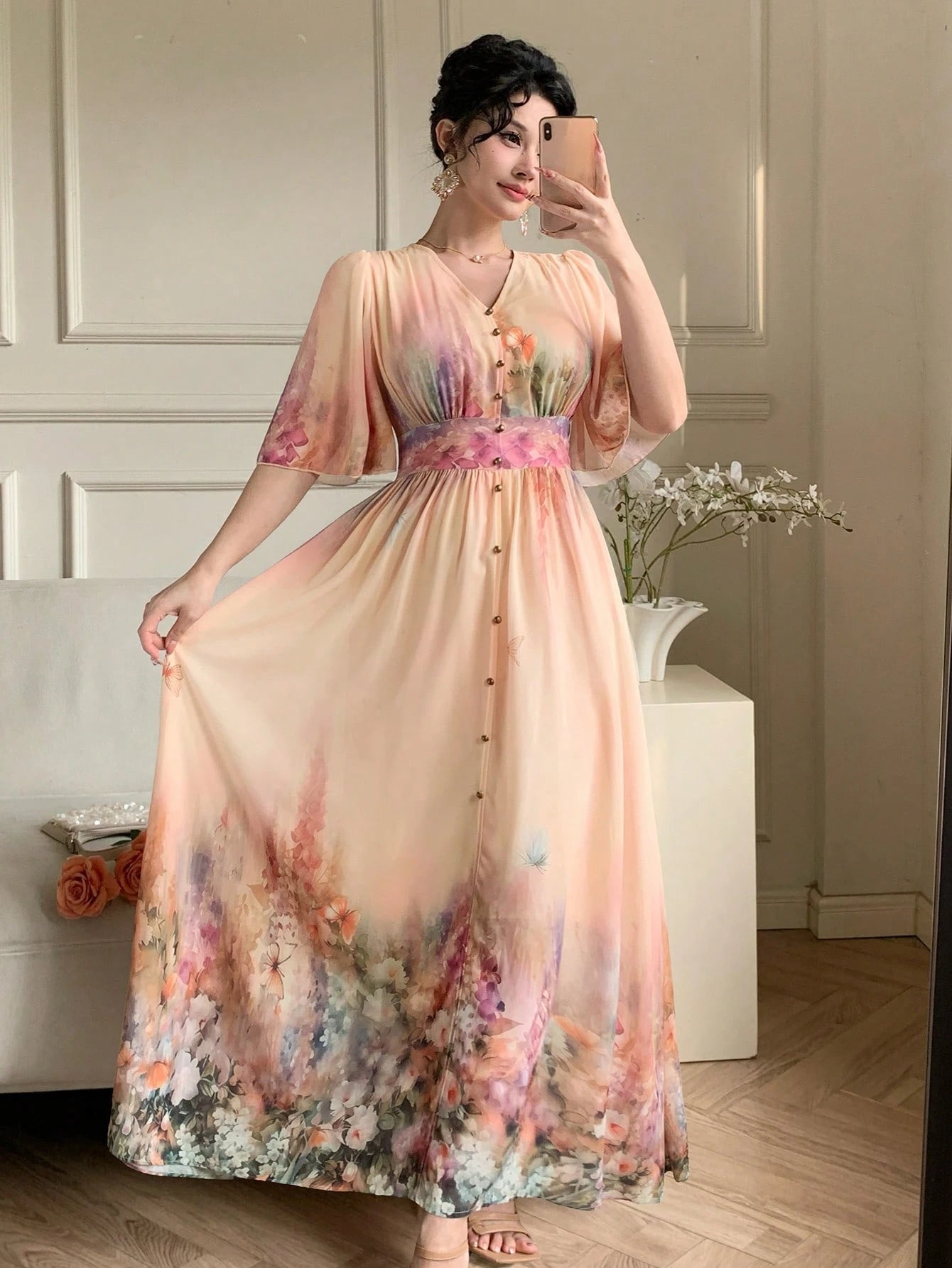 Peach Floral Ombre Maxi Dress with Boho Inspired Look