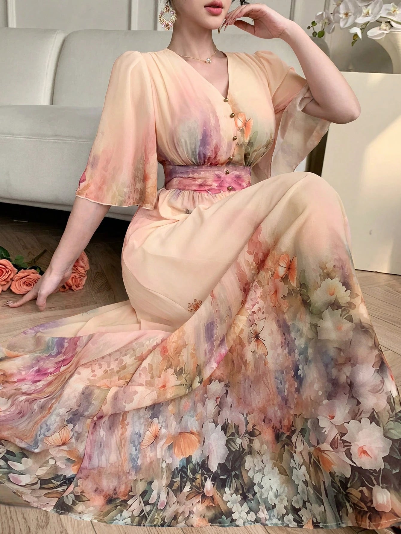 Peach Floral Ombre Maxi Dress with Boho Inspired Look