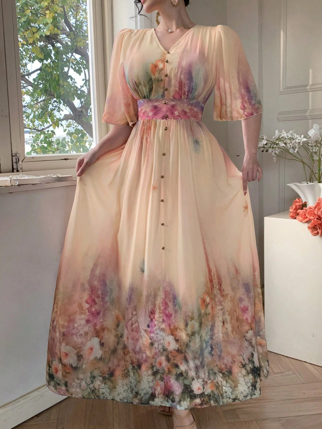 Peach Floral Ombre Maxi Dress with Boho Inspired Look