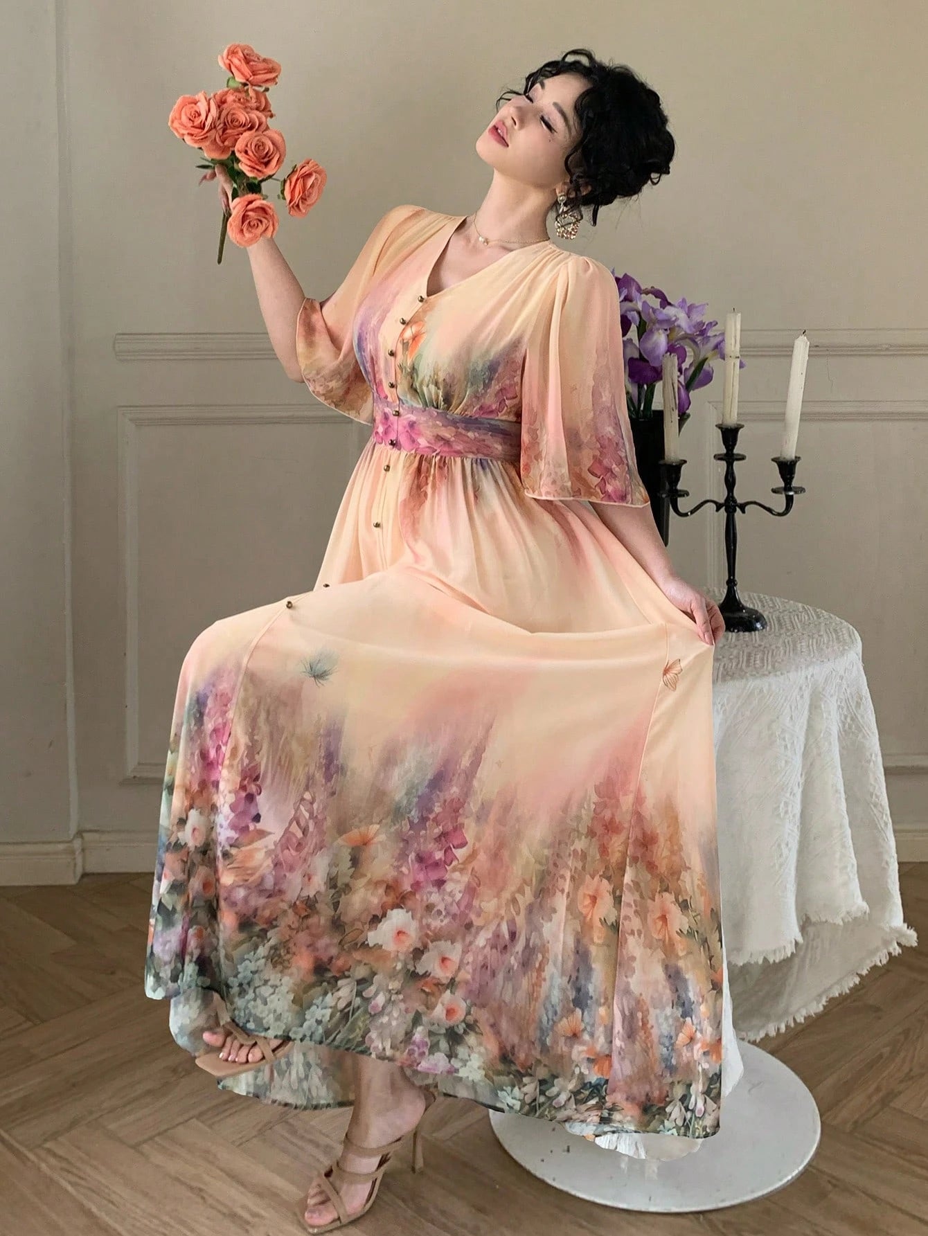 Peach Floral Ombre Maxi Dress with Boho Inspired Look